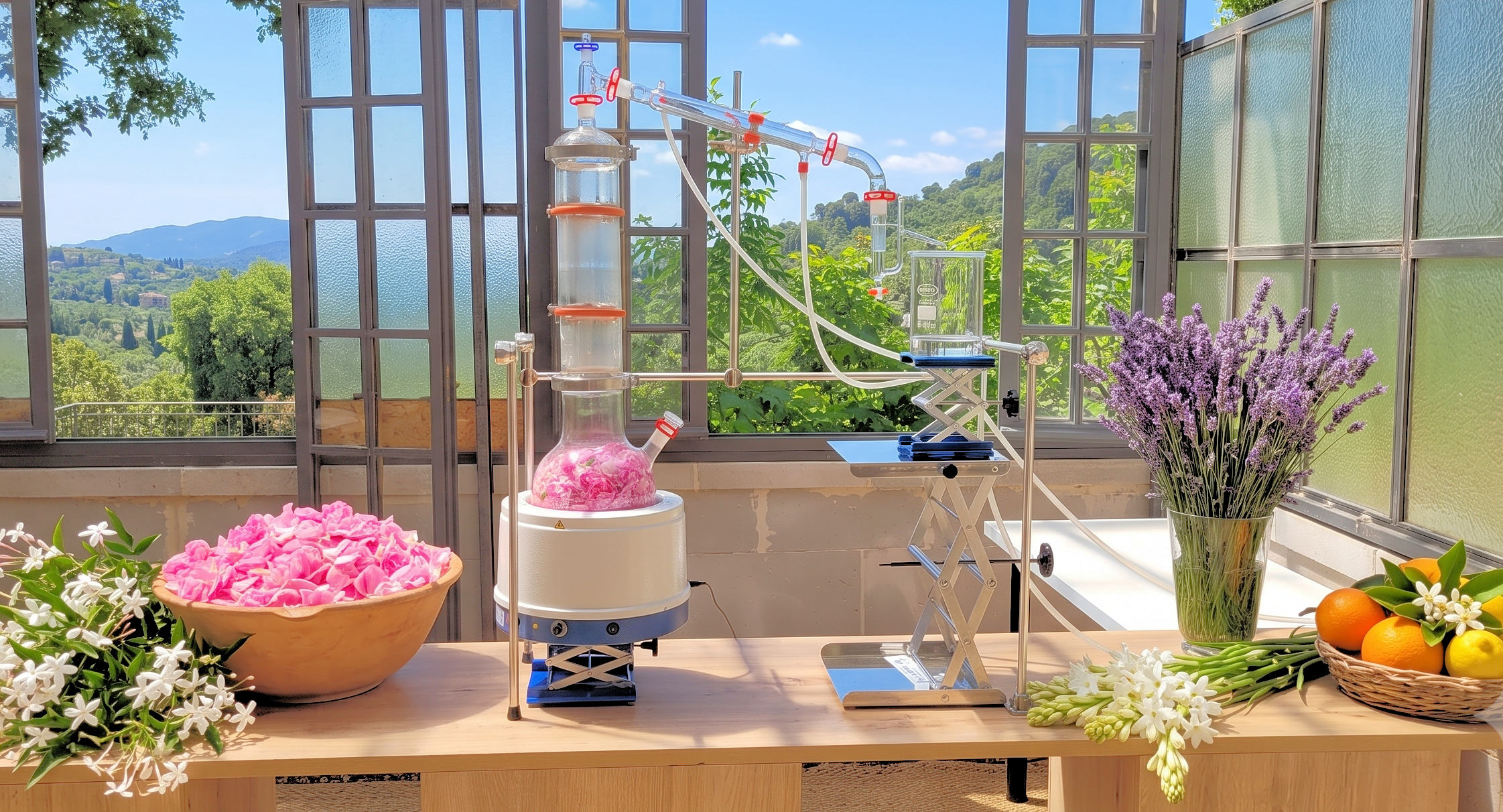 Alambic en Verre de la Cascade Parfumée, et Plantes à Parfum.